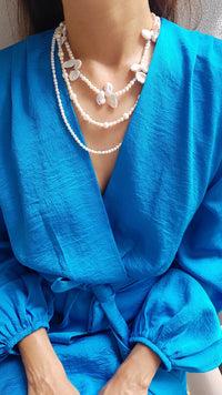 Full Bloom High Lustre Keshi, Round and Potato Shape Pearl with Aquamarine Necklace (AAAA Grade)