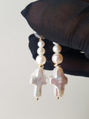 Cross of PAWA: High Lustre Cross Shape Baroque and Round White Pearl Gold Filled Earrings