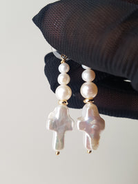 Cross of PAWA: High Lustre Cross Shape Baroque and Round White Pearl Gold Filled Earrings