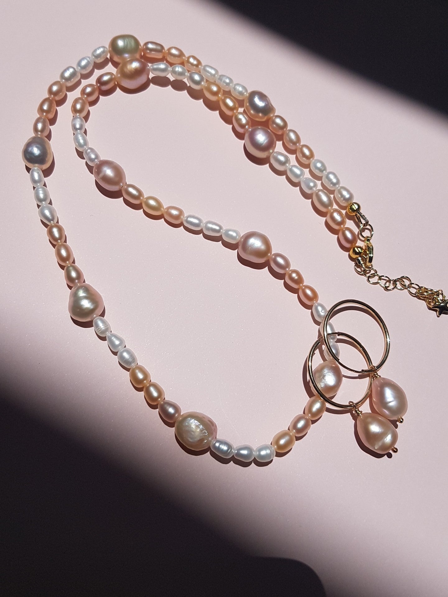 Ideale High Lustre Gold Overtone Pink Baroque Pearl and Rice Shape Pearl Strand Necklace