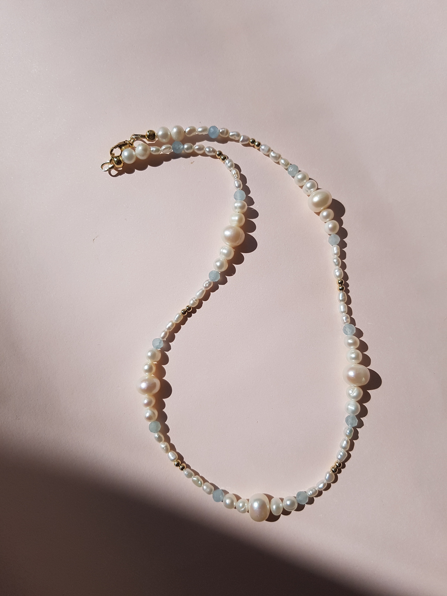 Enchante High Lustre Round and Potato Shape Pearl with Aquamarine Necklace 14K Gold Filled