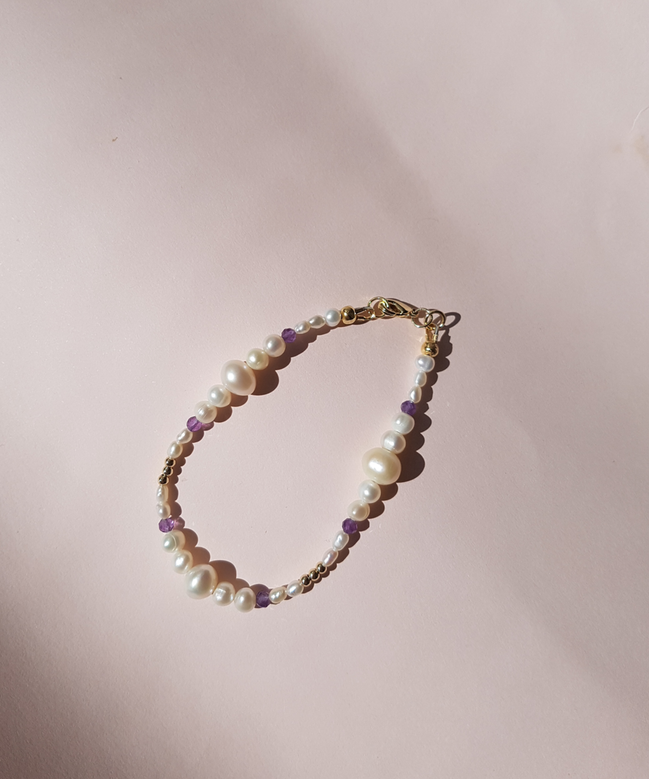 Enchante High Lustre Round and Potato Shape Pearl with Amethyst Bracelet 14K Gold Filled