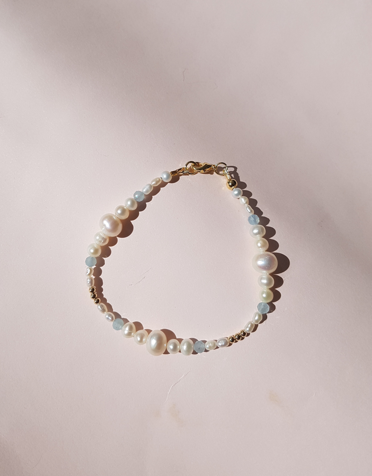 Enchante High Lustre Round and Potato Shape Pearl with Aquamarine Bracelet 14K Gold Filled