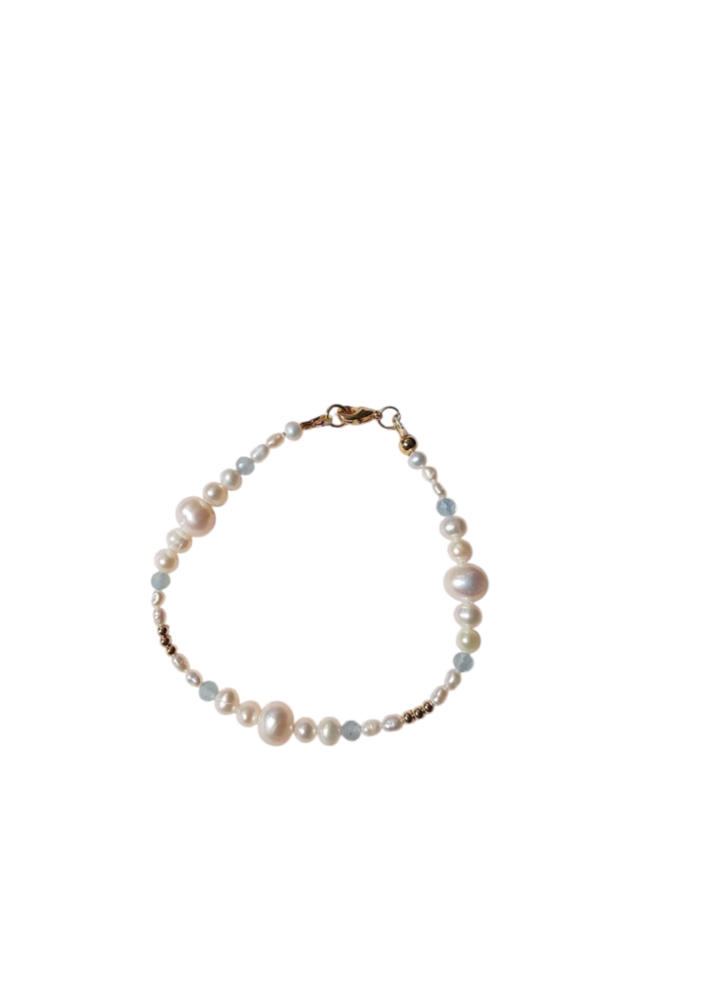 Enchante High Lustre Round and Potato Shape Pearl with Aquamarine Bracelet 14K Gold Filled