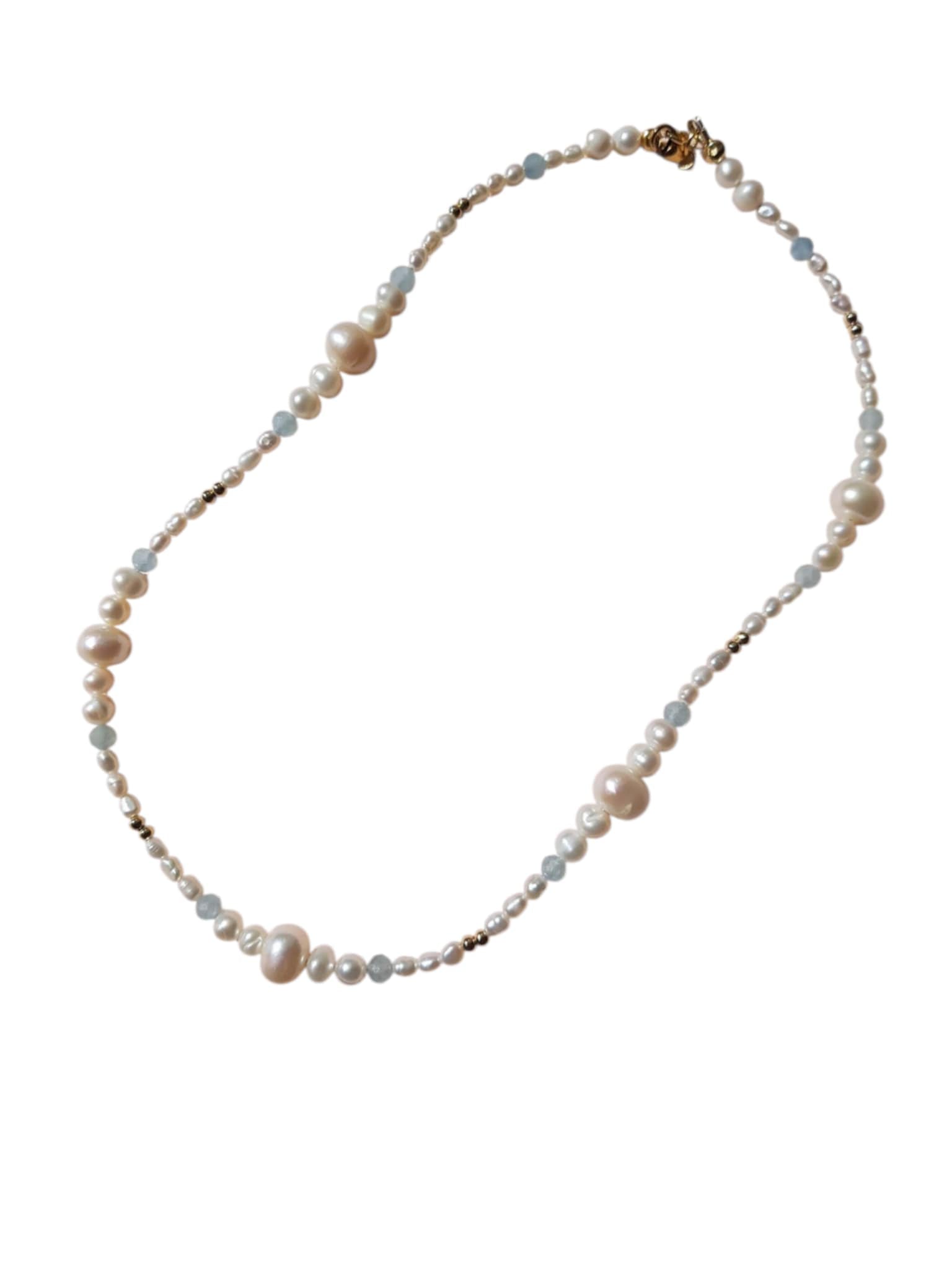 Enchante High Lustre Round and Potato Shape Pearl with Aquamarine Necklace 14K Gold Filled