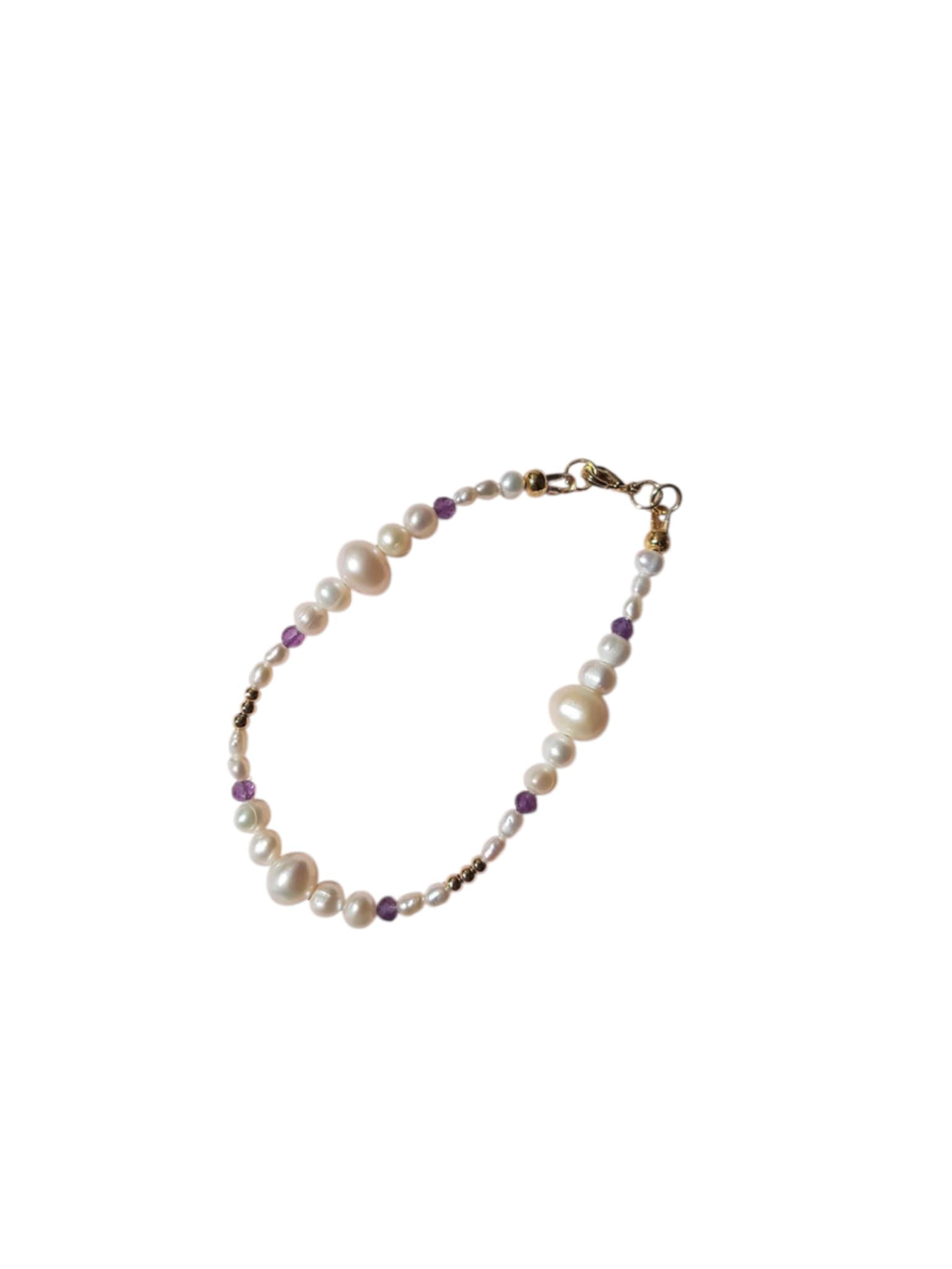 Enchante High Lustre Round and Potato Shape Pearl with Amethyst Bracelet 14K Gold Filled