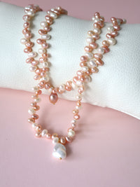 Enchante : High Lustre Baroque and Rice Shape White Peach Pink Pearl Necklace (AAAA Grade)