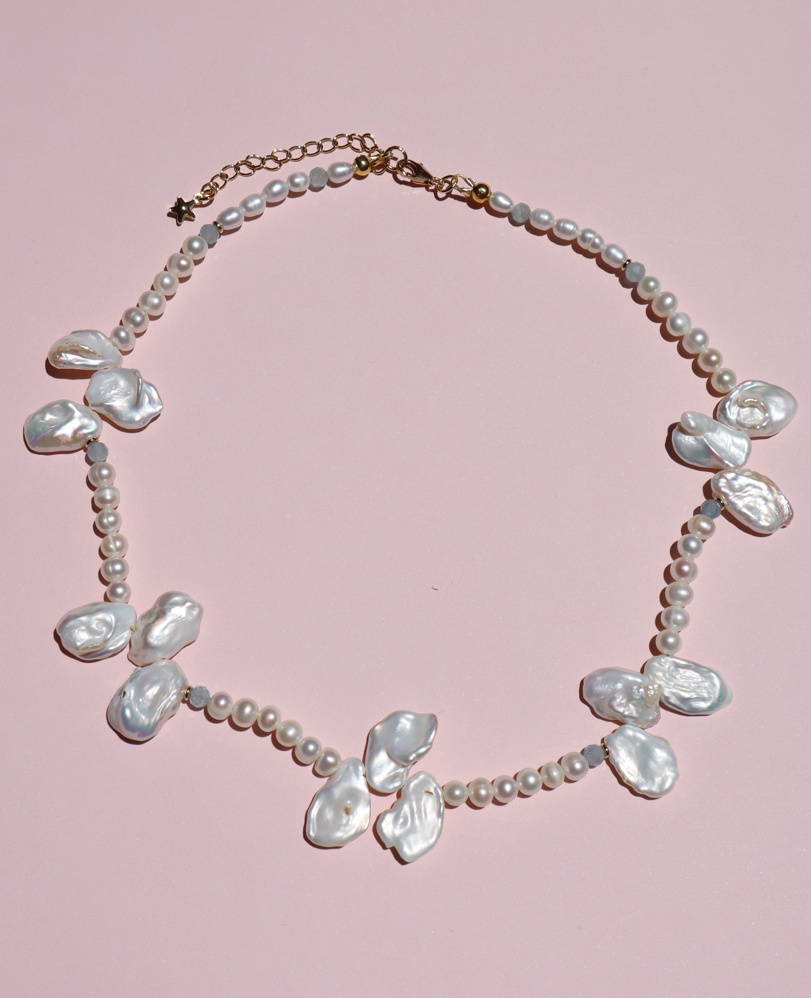 Full Bloom High Lustre Keshi, Round and Potato Shape Pearl with Aquamarine Necklace (AAAA Grade)