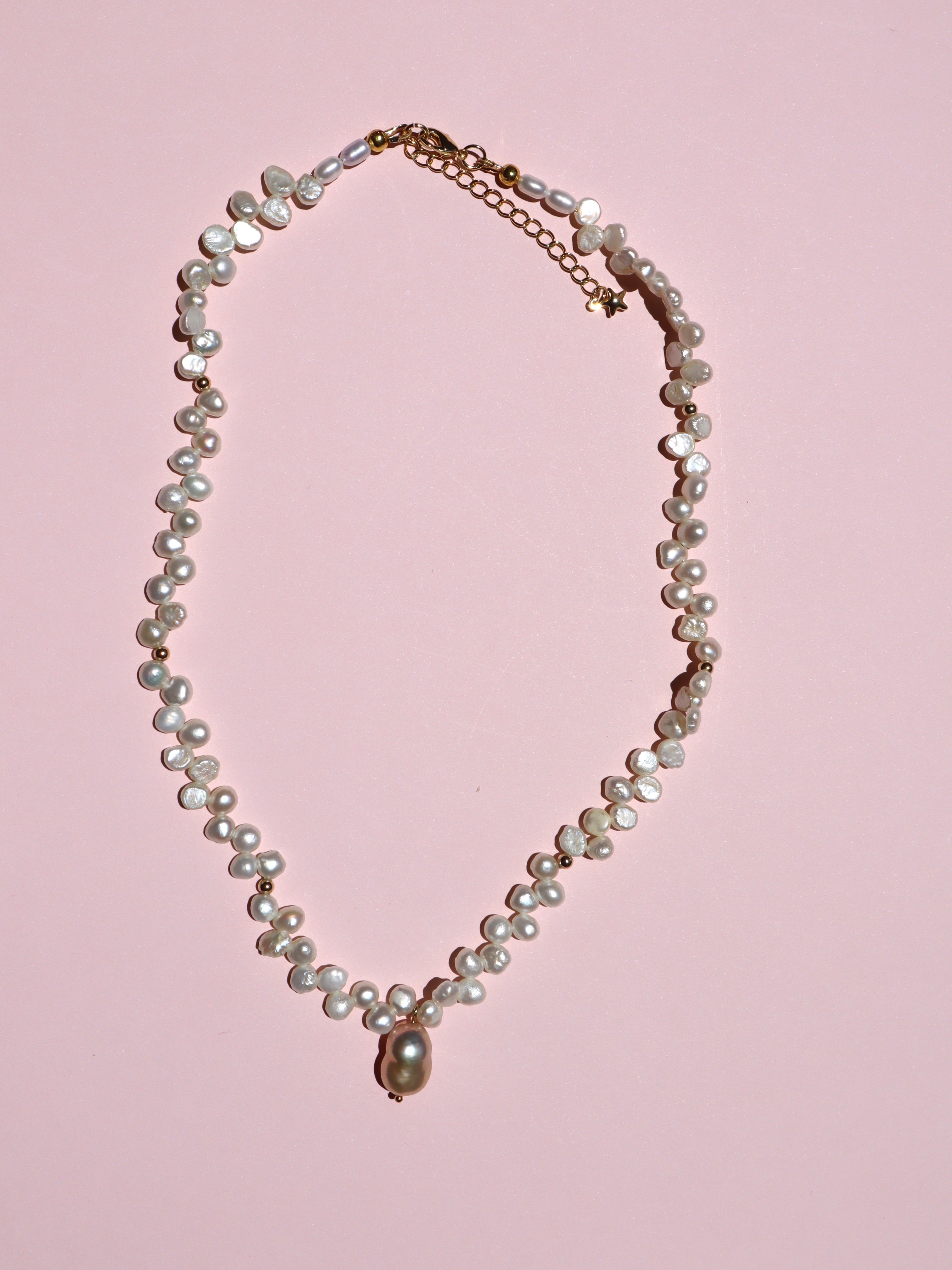 Full Bloom High Luster Gold Overtone Pink Pearl and Mini Baroque (Nugget) Pearl Necklace