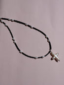 Cross of PAWA: High Lustre Cross Shape Baroque White Pearl Black Spinel Necklace