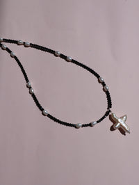 Cross of PAWA: High Lustre Cross Shape Baroque White Pearl Black Spinel Necklace