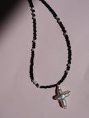 Cross of PAWA: High Lustre Cross Shape Baroque White Pearl Black Spinel Necklace