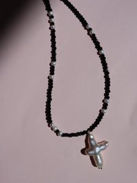 Cross of PAWA: High Lustre Cross Shape Baroque White Pearl Black Spinel Necklace