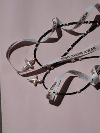Cross of PAWA: High Lustre Cross Shape Baroque White Pearl Black Spinel Necklace