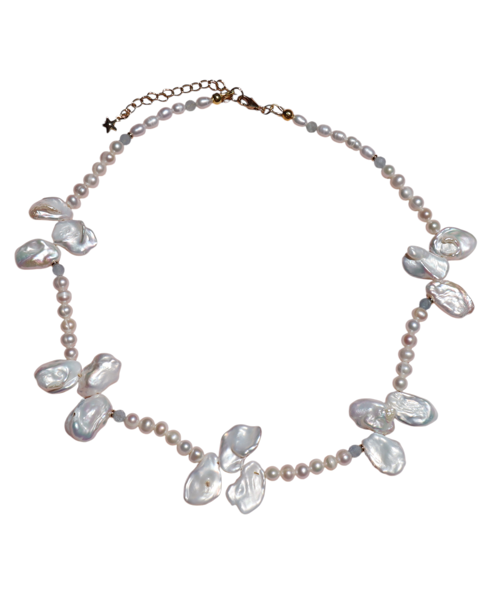 Full Bloom High Lustre Petal, Nearly round Pearl and Aquamarine 14K Gold-Filled Necklace (AAA Grade)