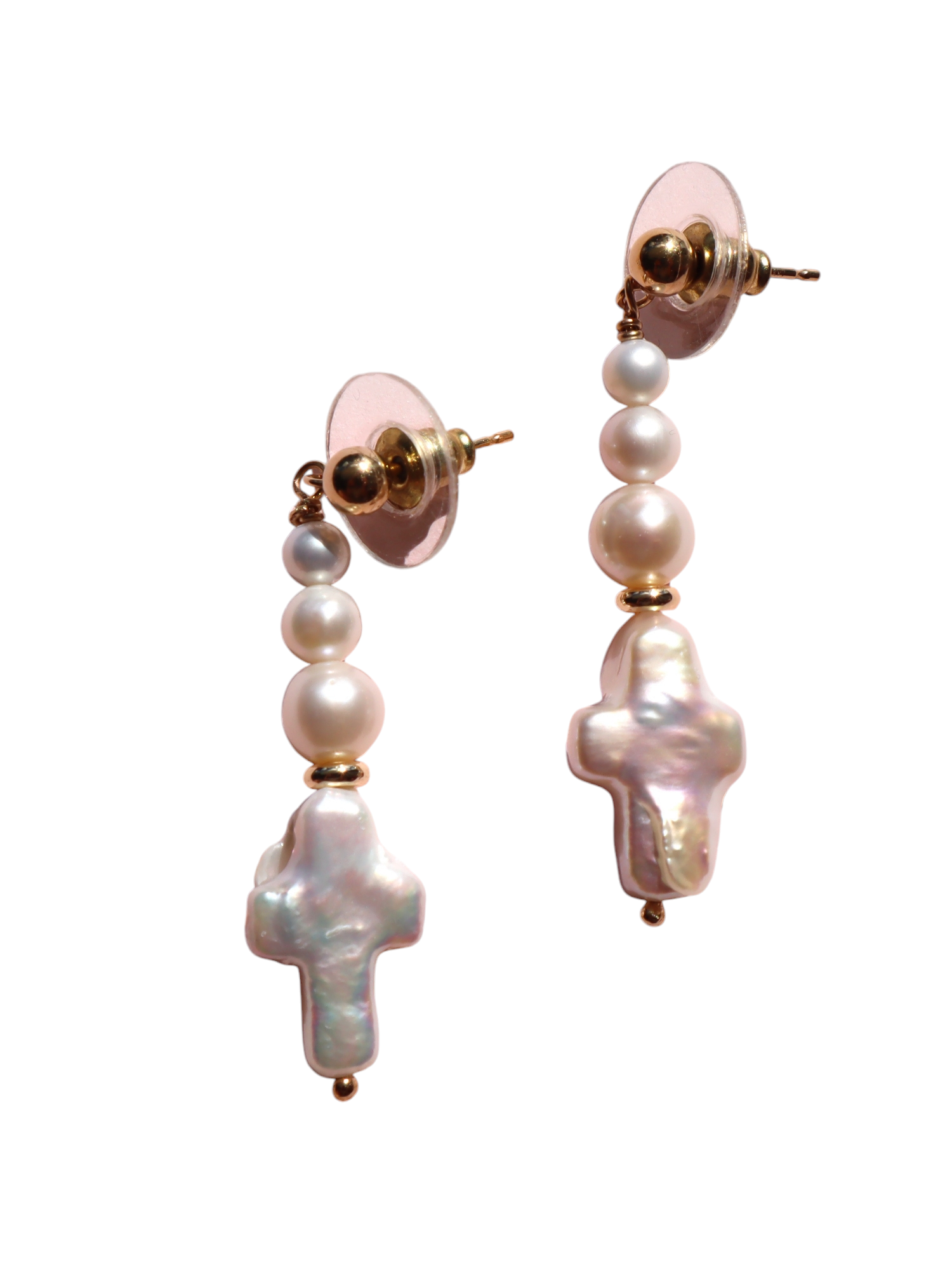 Cross of PAWA: High Lustre Cross Shape Baroque and Round White Pearl Gold Filled Earrings