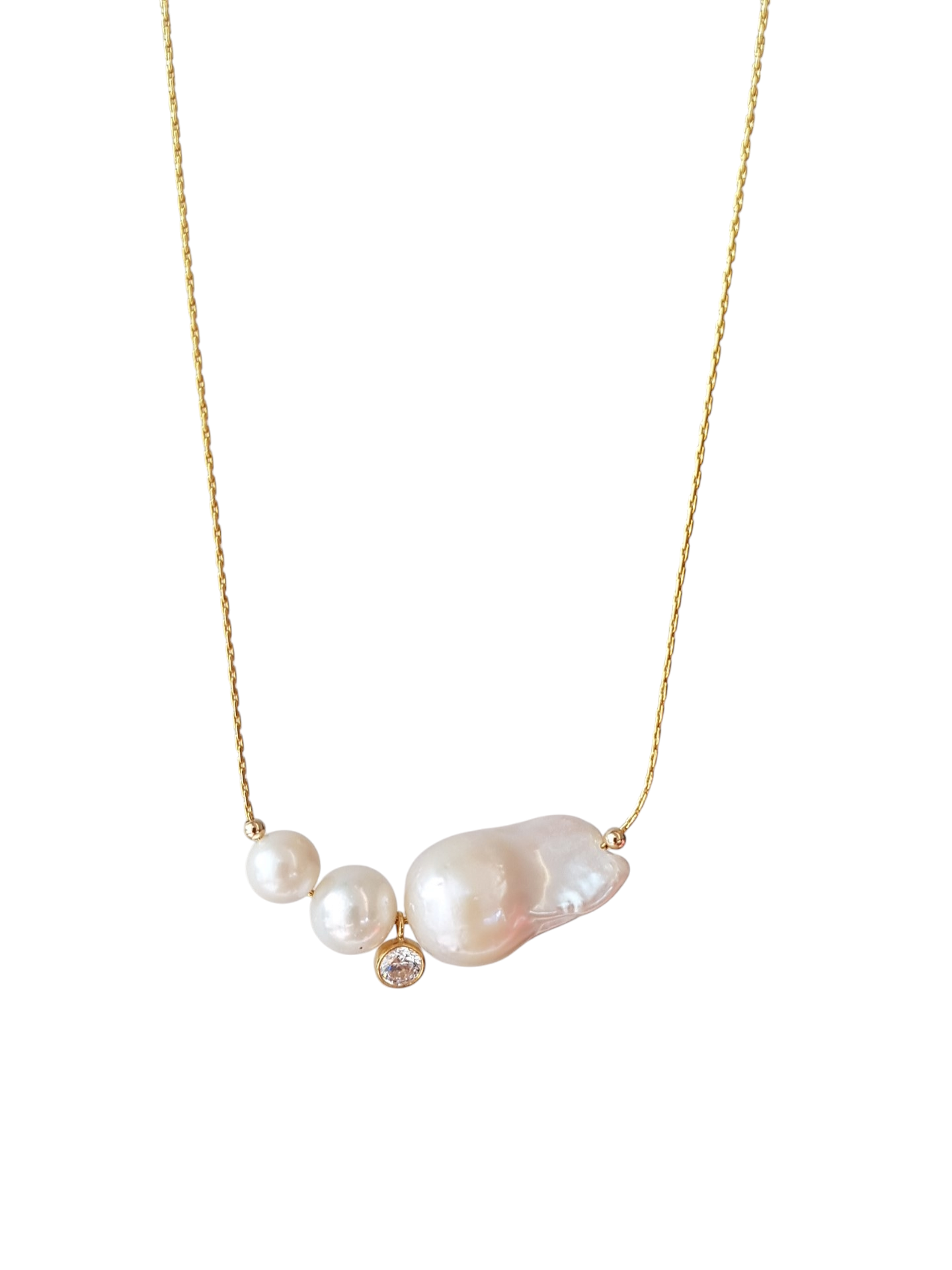 All The Luminous: High Lustre Baroque and Round White Pearl Pendant (14K Gold Filled Chain)