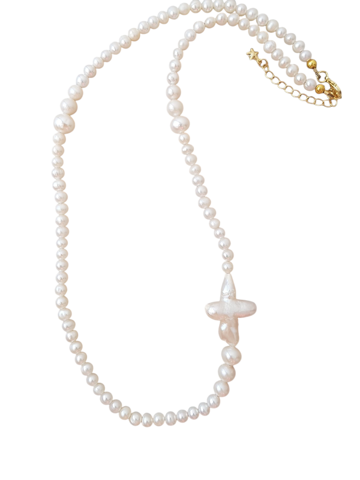 Cross of PAWA: High Lustre Cross Shape Baroque and Round White Pearl Necklace