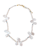 Full Bloom High Lustre Keshi, Round and Potato Shape Pearl with Aquamarine Necklace (AAAA Grade)