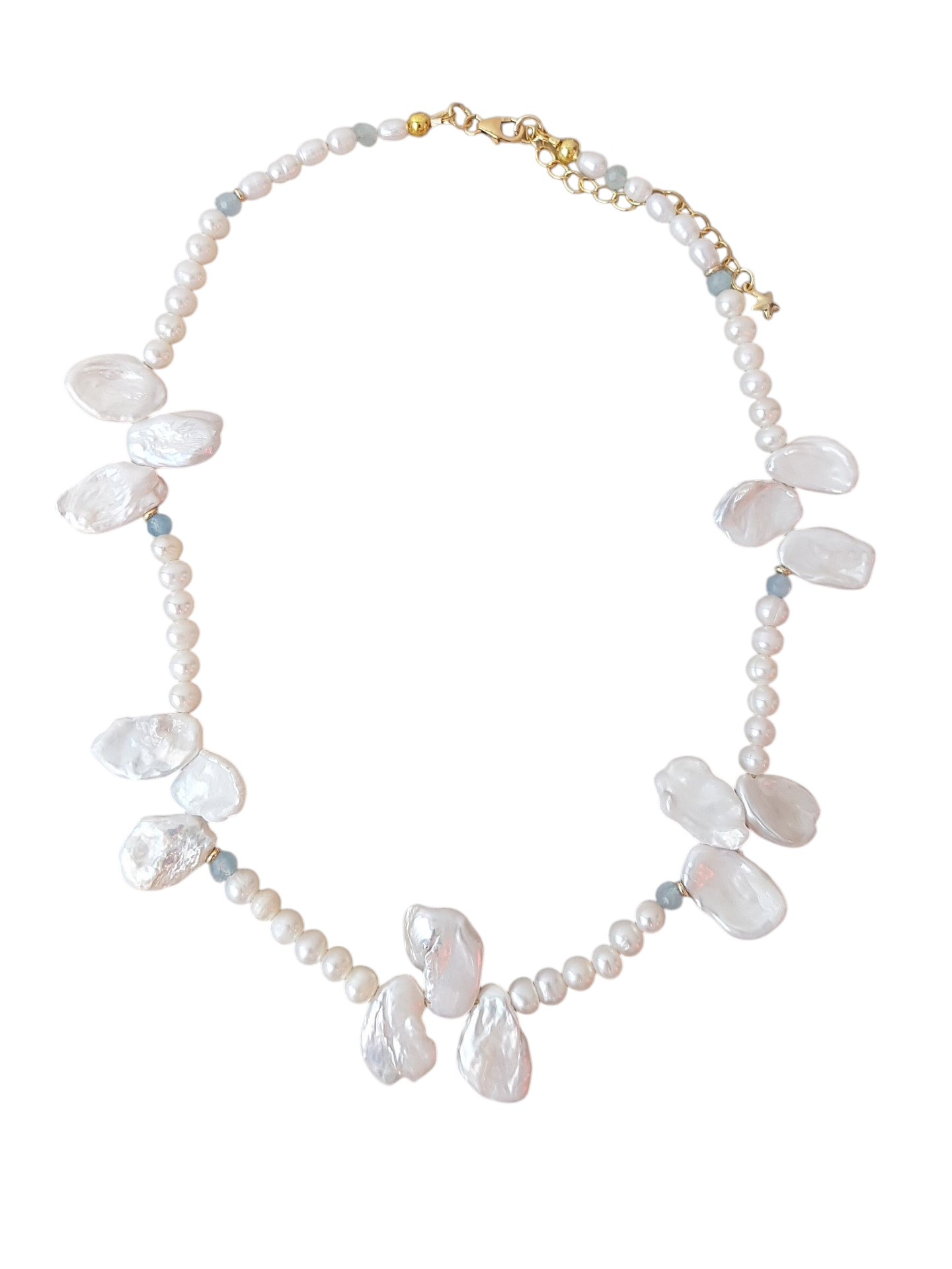Full Bloom High Lustre Keshi, Round and Potato Shape Pearl with Aquamarine Necklace (AAAA Grade)