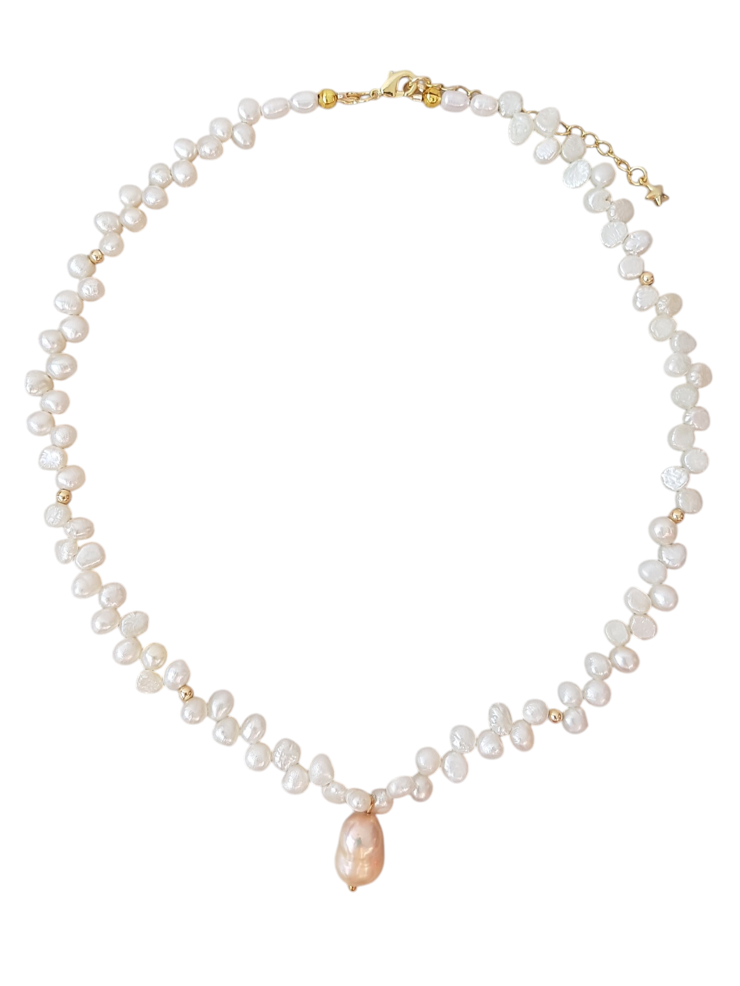 Full Bloom High Luster Gold Overtone Pink Pearl and Mini Baroque (Nugget) Pearl Necklace