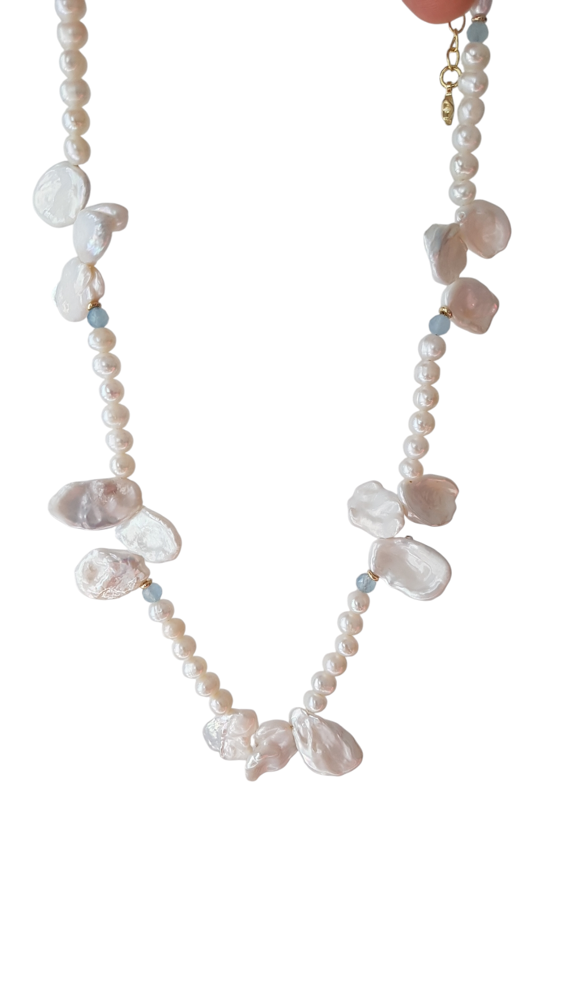 Full Bloom High Lustre Keshi, Round and Potato Shape Pearl with Aquamarine Necklace (AAAA Grade)