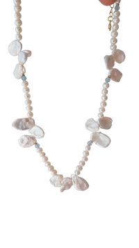 Full Bloom High Lustre Keshi, Round and Potato Shape Pearl with Aquamarine Necklace (AAAA Grade)